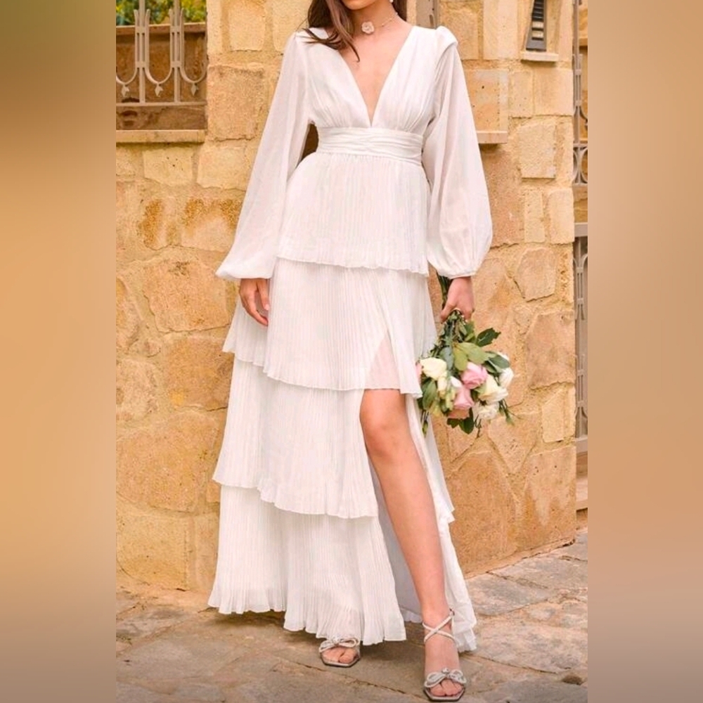 New Flowy Pleated Tiered Maxi Dress Bishop Long Sleeve White - Picture 9 of 11